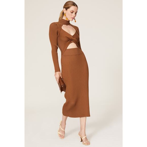 Amur Guadalupe Ribbed Knit Cutout Long Sleeve Fall Midi Dress Brown Size Medium - Picture 1 of 11